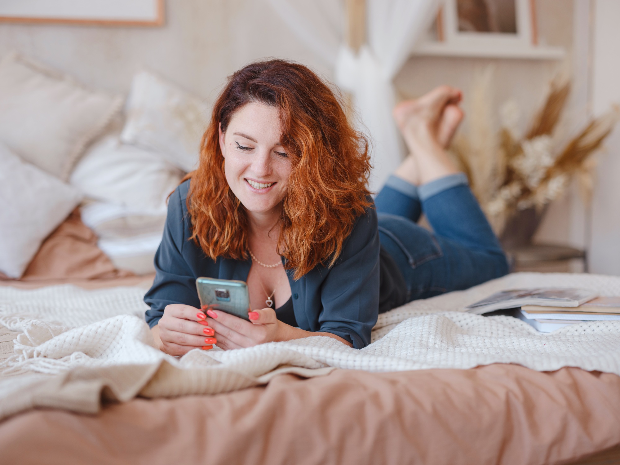 young woman enjoys the morning silence in her room